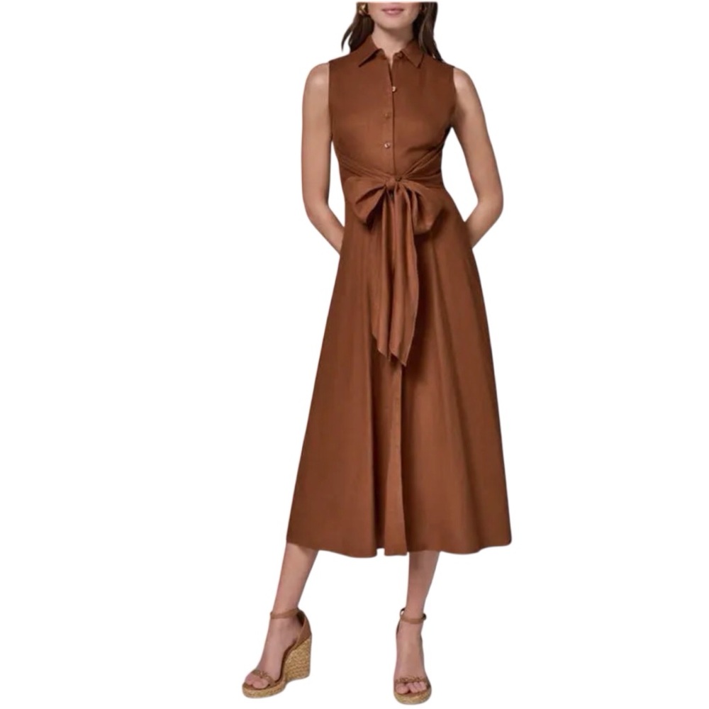 DONNA KARAN NEW YORK Sleeveless Linen Blend Shirtdress Tie Front Brown Size 8